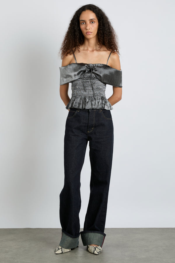 Damson Madder Elsa Shirred Bardot Cami - Grey Glass Satin