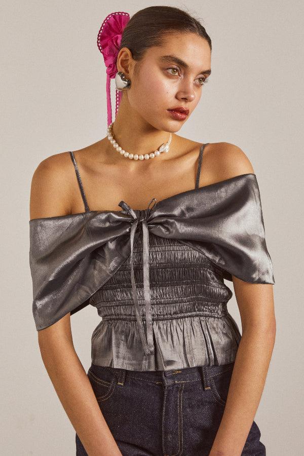 damson madder elsa shirred bardot cami - grey glass satin