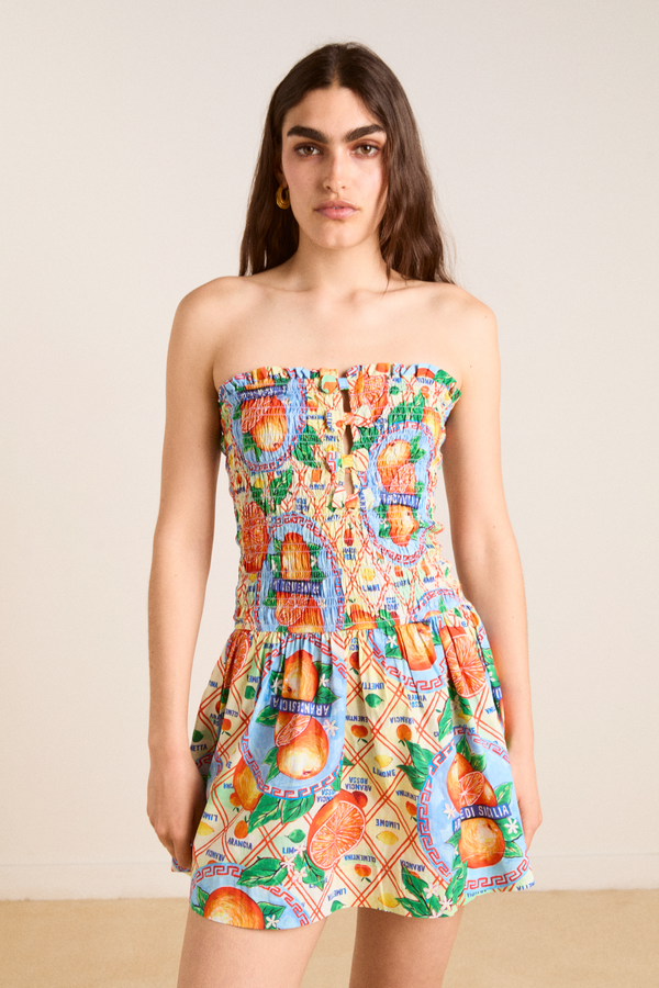 Damson Madder Fleur Shirred Mini Dress- Orange Fruit Wrapper