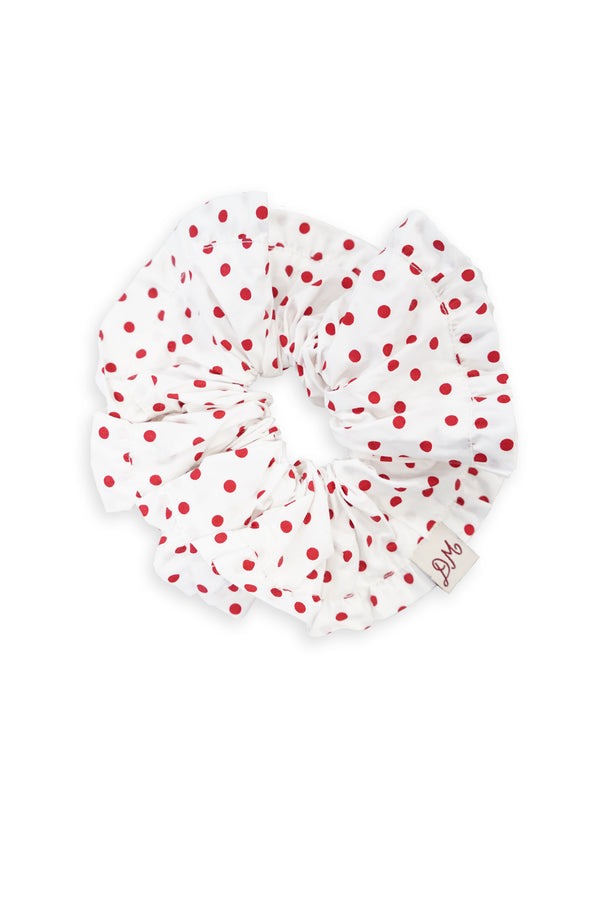 Damson Madder Frill Edge Scrunchie - Off White And Red Spot