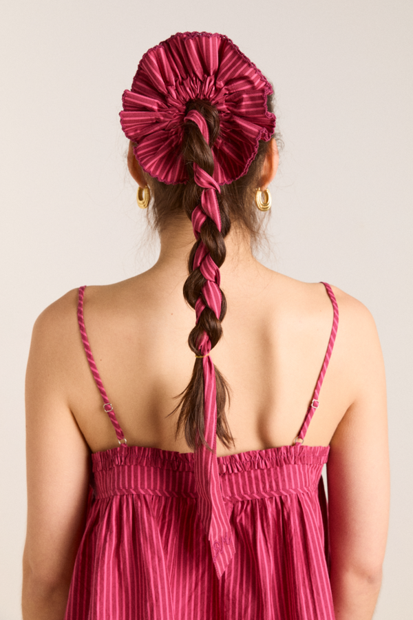 damson madder garter bun wrap in berry business stripe
