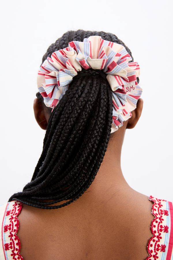 damson madder garter scrunchie in cherry business stripe