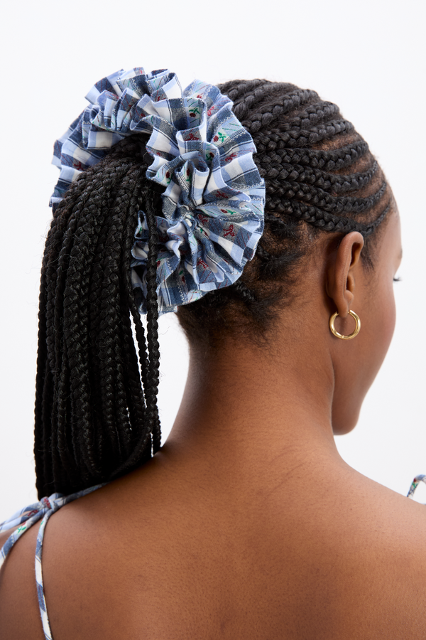 damson madder garter scrunchie in navy margot gingham