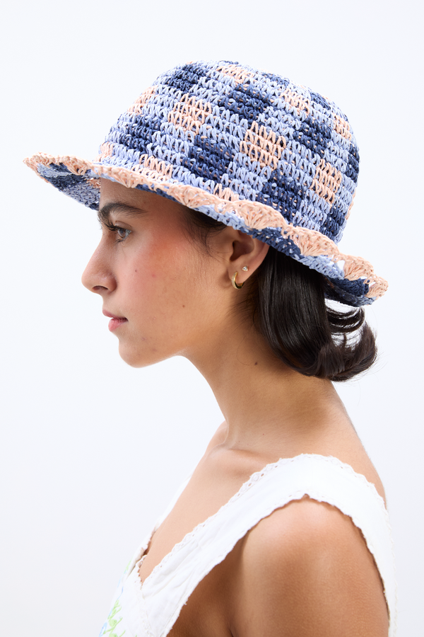 Damson Madder Gingham Straw Bucket Hat In Navy & Pale Pink