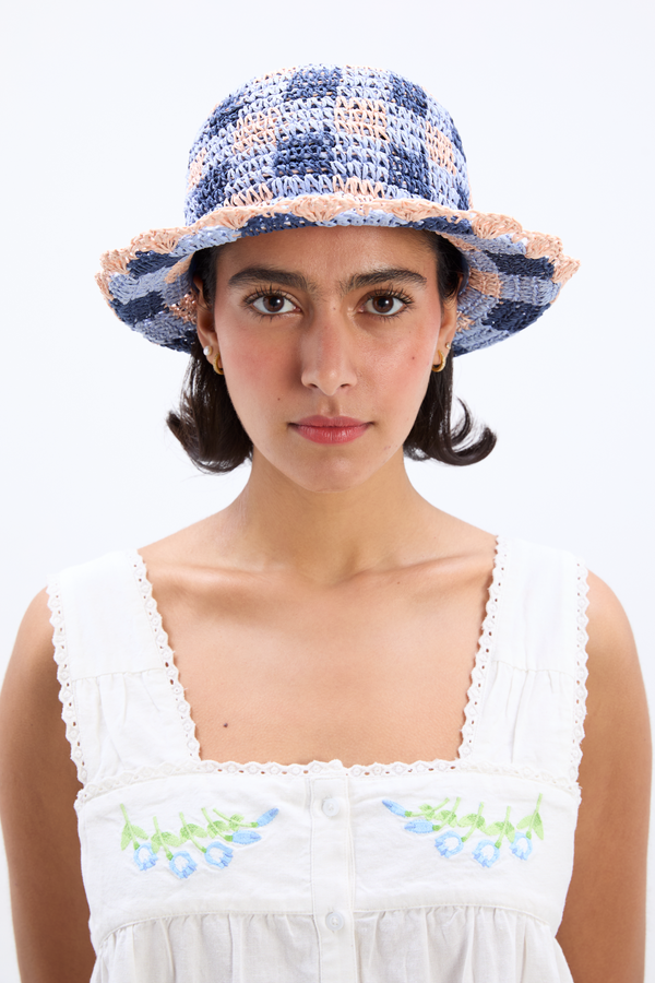 damson madder gingham straw bucket hat in navy & pale pink