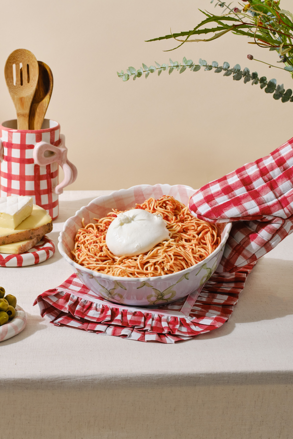 Damson Madder Hand Painted Bow Frill Edge Large Serving Bowl - Pink Gingham