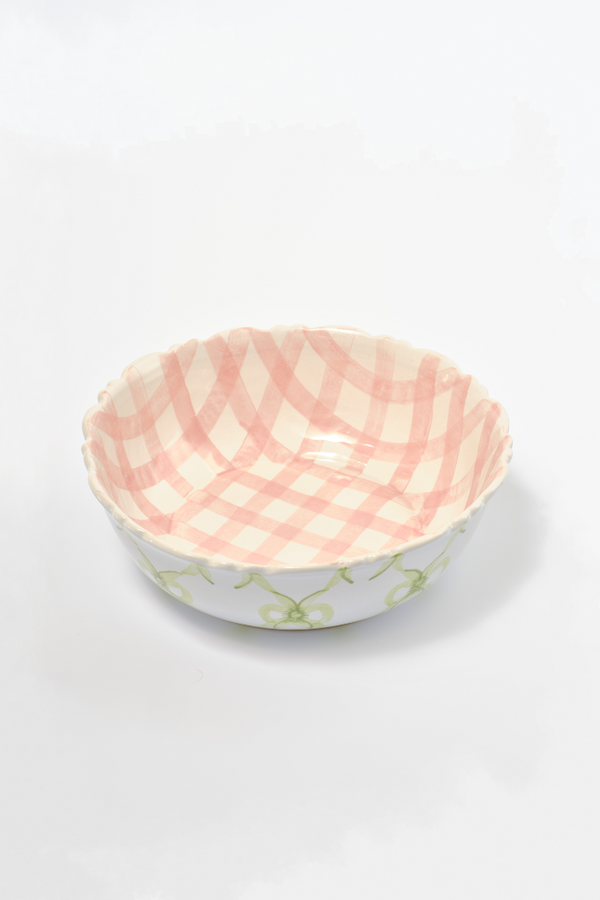 Damson Madder Hand Painted Bow Frill Edge Large Serving Bowl - Pink Gingham