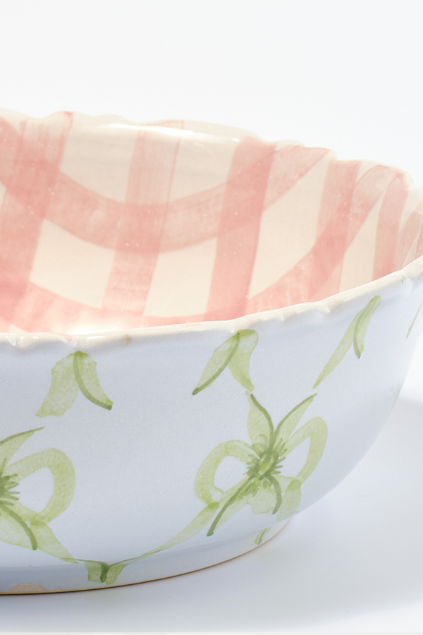 Damson Madder Hand Painted Bow Frill Edge Large Serving Bowl - Pink Gingham