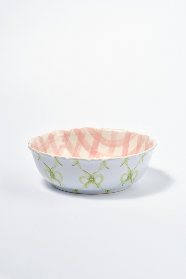 damson madder hand painted bow frill edge large serving bowl - pink gingham
