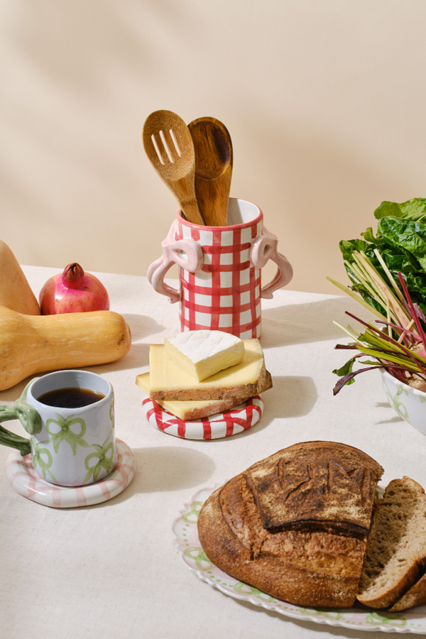 Damson Madder Hand Painted Bow Handle Vase - Red Gingham