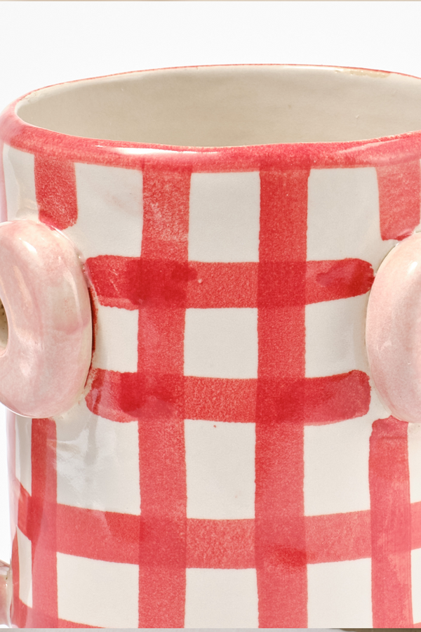 Damson Madder Hand Painted Bow Handle Vase - Red Gingham