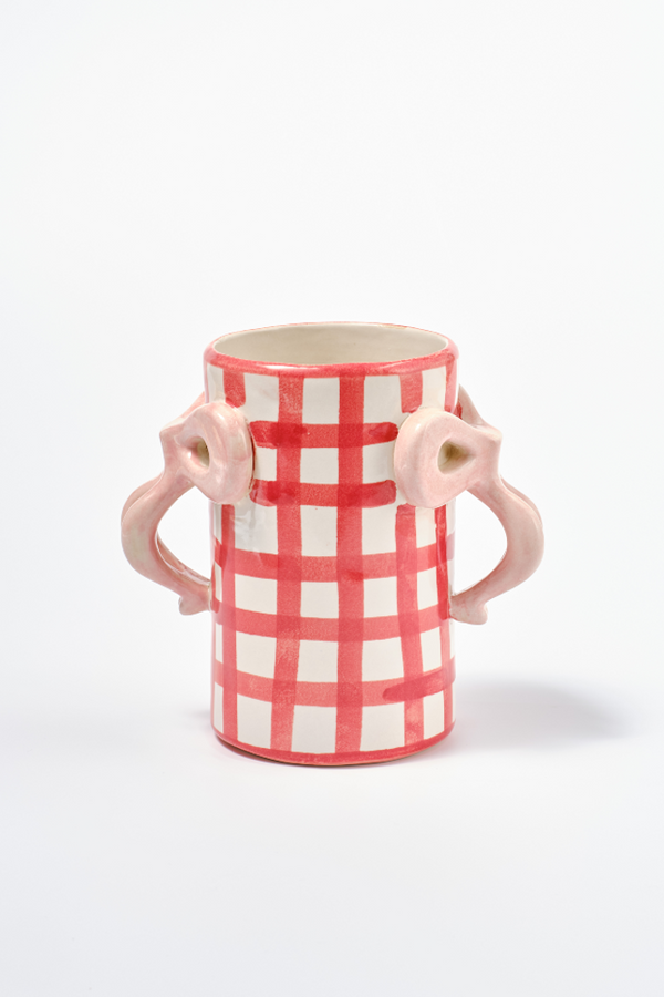 damson madder hand painted bow handle vase - red gingham
