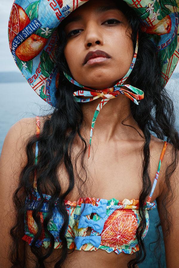 Damson Madder Jessie Shirred Bow Bikini Top - Orange Fruit Wrapper