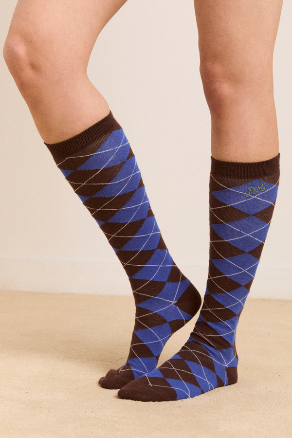 Damson Madder Knee Length Socks - Brown/cobalt Argyle