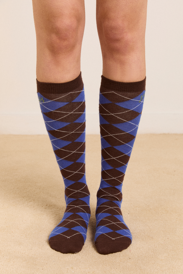 Damson Madder Knee Length Socks - Brown/cobalt Argyle