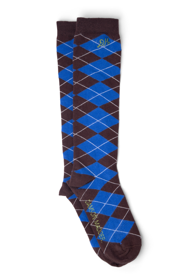 damson madder knee length socks - brown/cobalt argyle