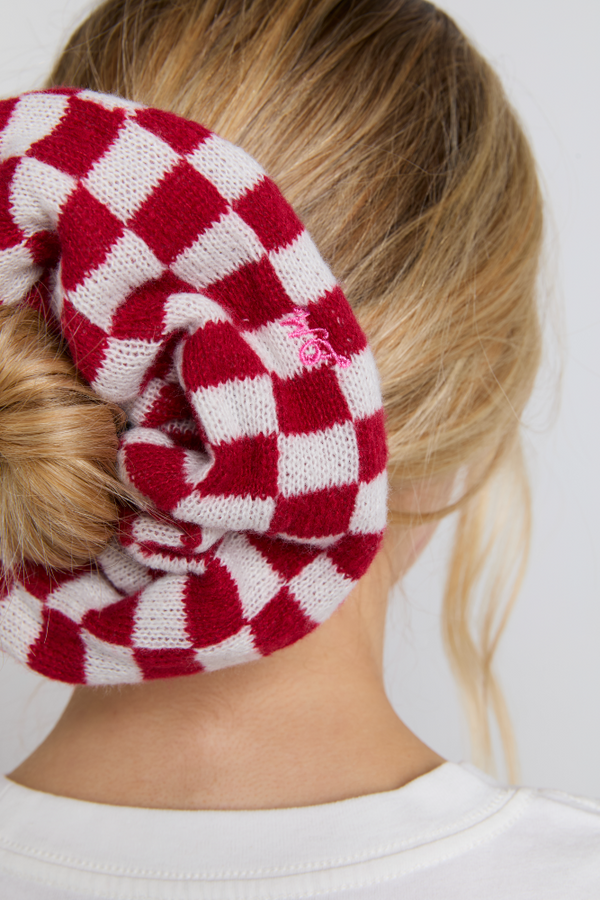 Damson Madder Knitted Scrunchie In Red & Ecru Gingham