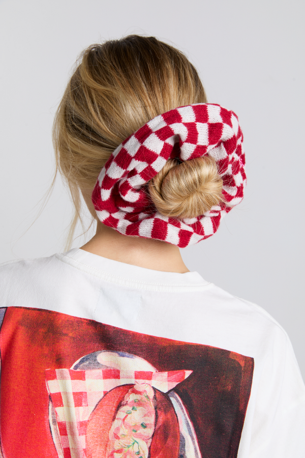 Damson Madder Knitted Scrunchie In Red & Ecru Gingham