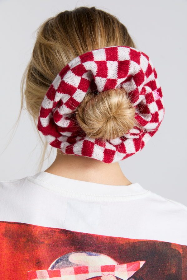 damson madder knitted scrunchie in red & ecru gingham