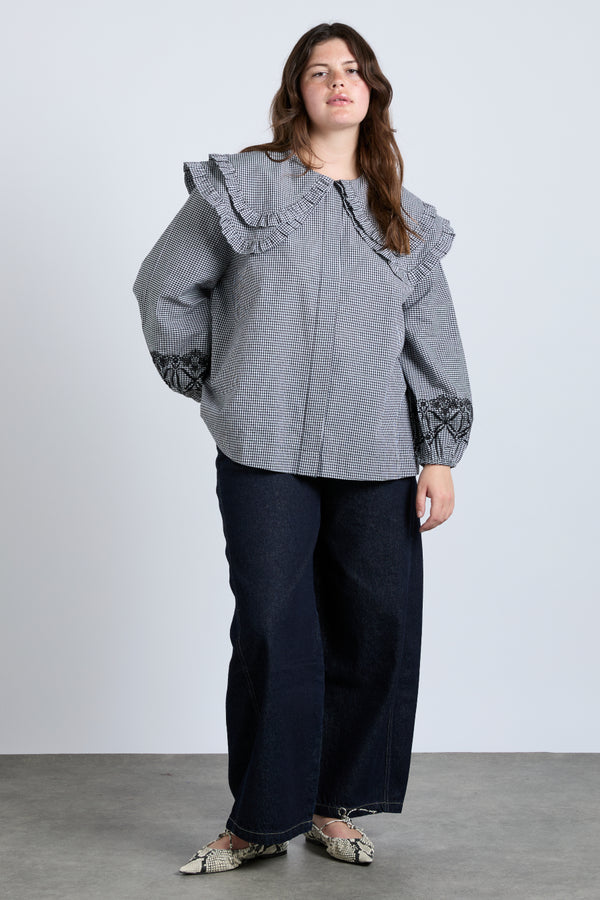 Damson Madder Lois Double Collar Blouse - Black Gingham