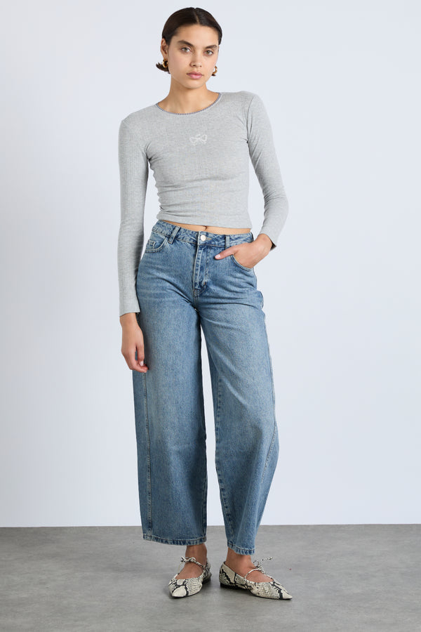 Damson Madder Lua Long Sleeve Pointelle Top - Grey Marl