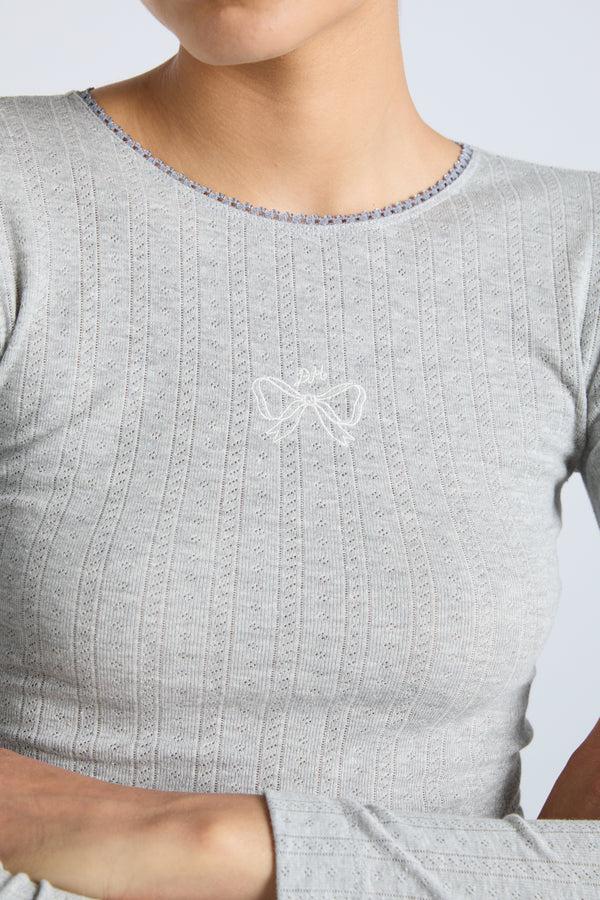 Damson Madder Lua Long Sleeve Pointelle Top - Grey Marl