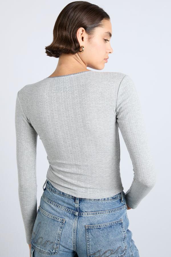 Damson Madder Lua Long Sleeve Pointelle Top - Grey Marl