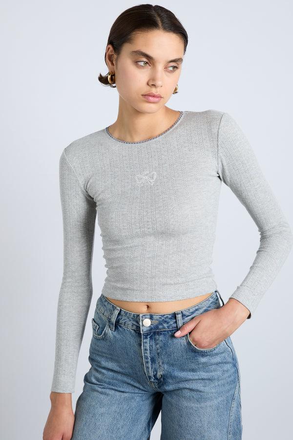 damson madder lua long sleeve pointelle top - grey marl