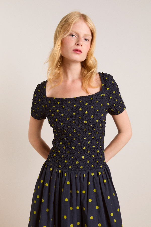 damson Madder Malinda Super Smocked Midi Dress - Navy Olive Spot