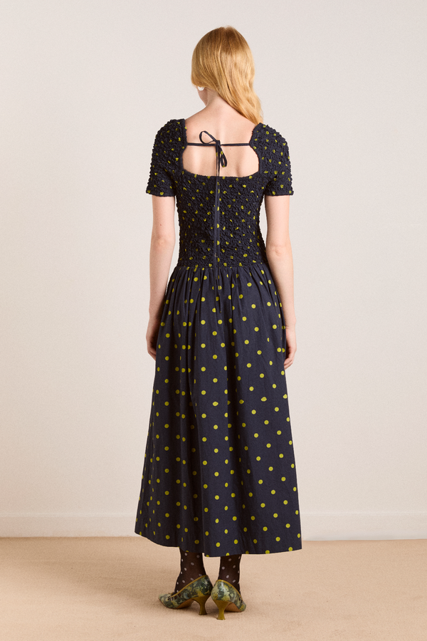 damson Madder Malinda Super Smocked Midi Dress - Navy Olive Spot