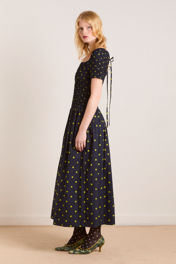 damson Madder Malinda Super Smocked Midi Dress - Navy Olive Spot