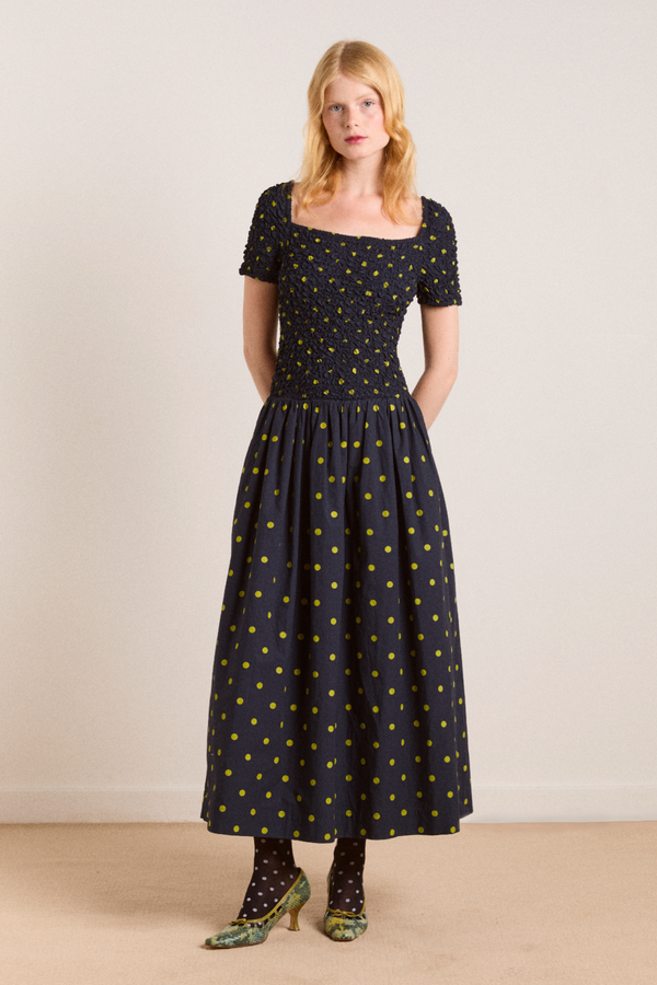 damson madder malinda super smocked midi dress - navy olive spot