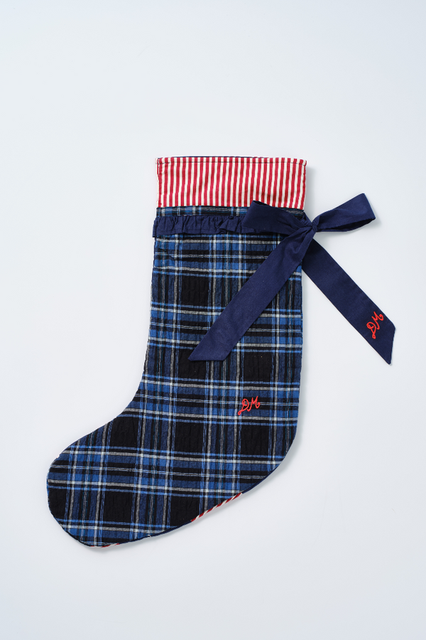 Damson Madder Patchwork Bow Christmas Stocking - Navy Check & Red Stripe