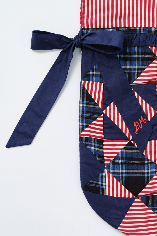 Damson Madder Patchwork Bow Christmas Stocking - Navy Check & Red Stripe