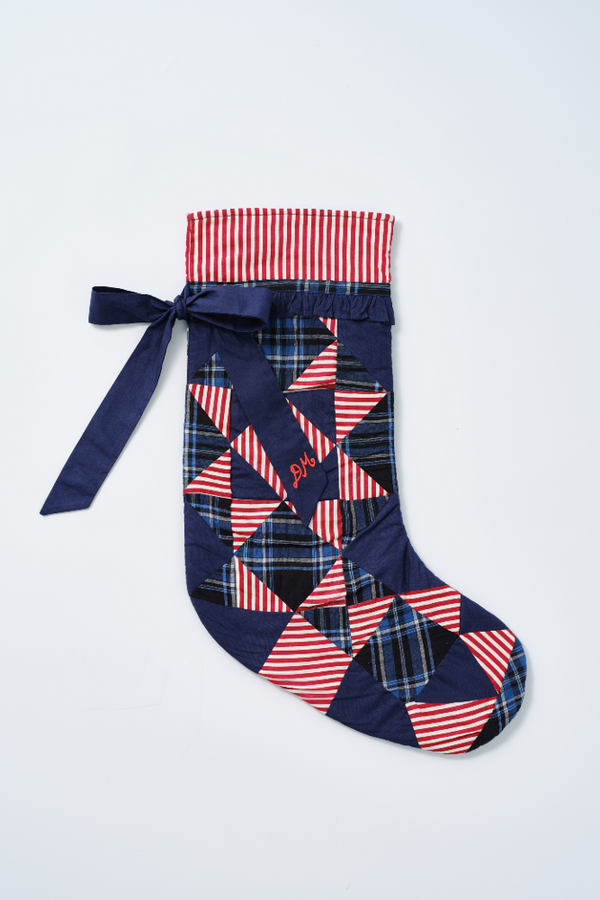 damson madder patchwork bow christmas stocking - navy check & red stripe