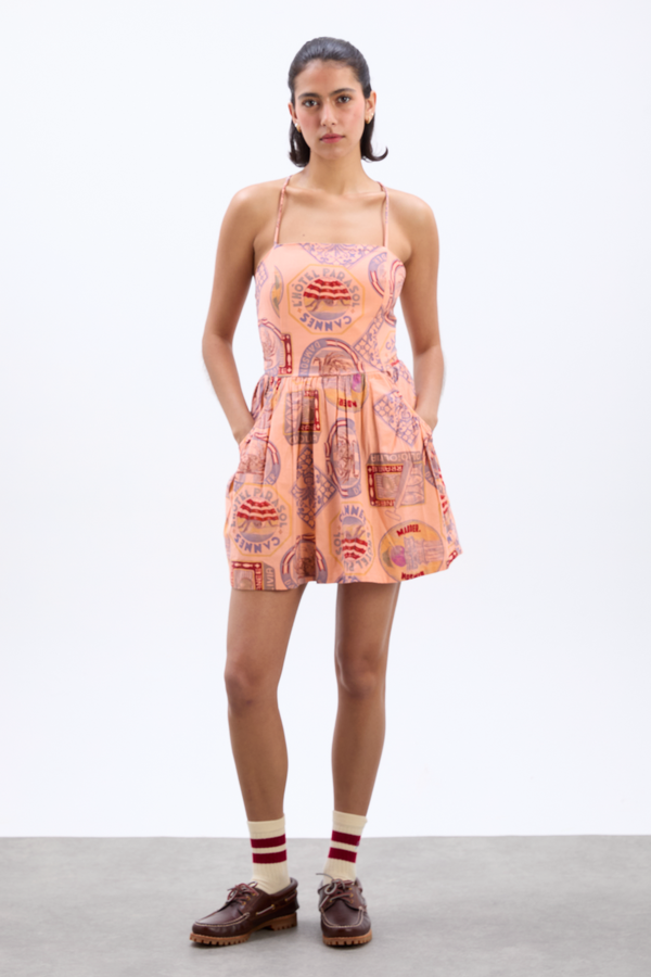 damson madder peaches mini apron dress - papaya holiday print