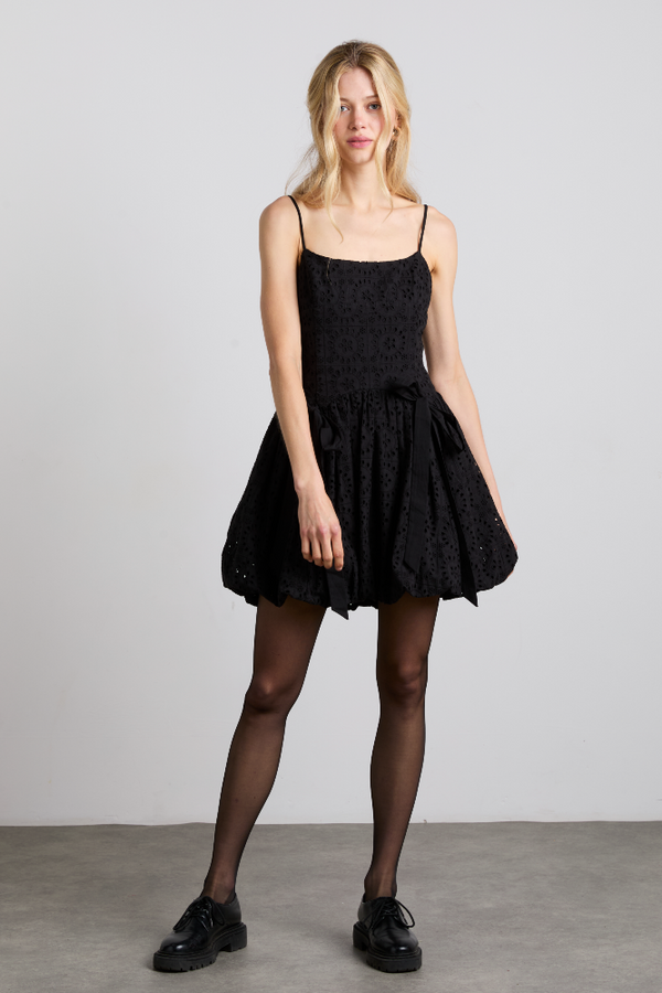 Damson Madder Penelope Embroidered Bubble Hem Mini Dress - Black Broderie