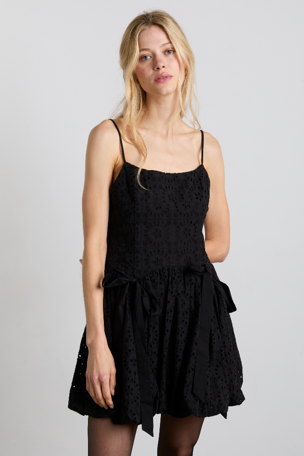 Damson Madder Penelope Embroidered Bubble Hem Mini Dress - Black Broderie