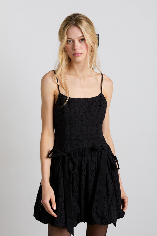 damson madder penelope embroidered bubble hem mini dress - black broderie
