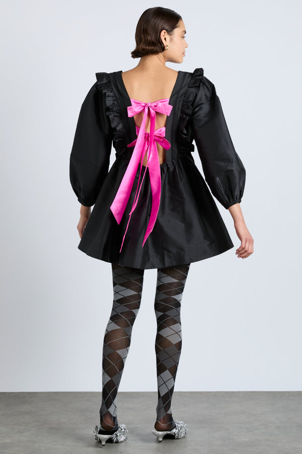 Damson Madder Piarra Mini Smock Dress - Black With Pink Bows