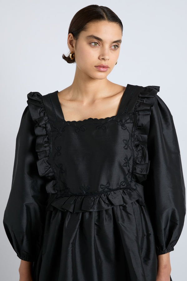 Damson Madder Piarra Mini Smock Dress - Black With Pink Bows