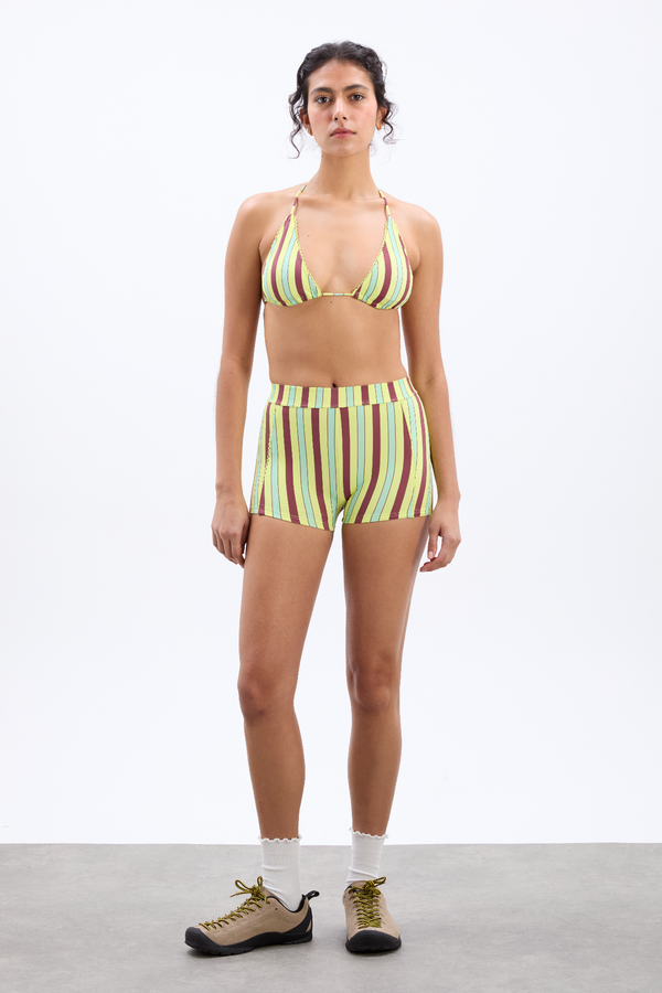 Damson Madder Picot Trim Triangle Bikini Top - Tropical Stripe