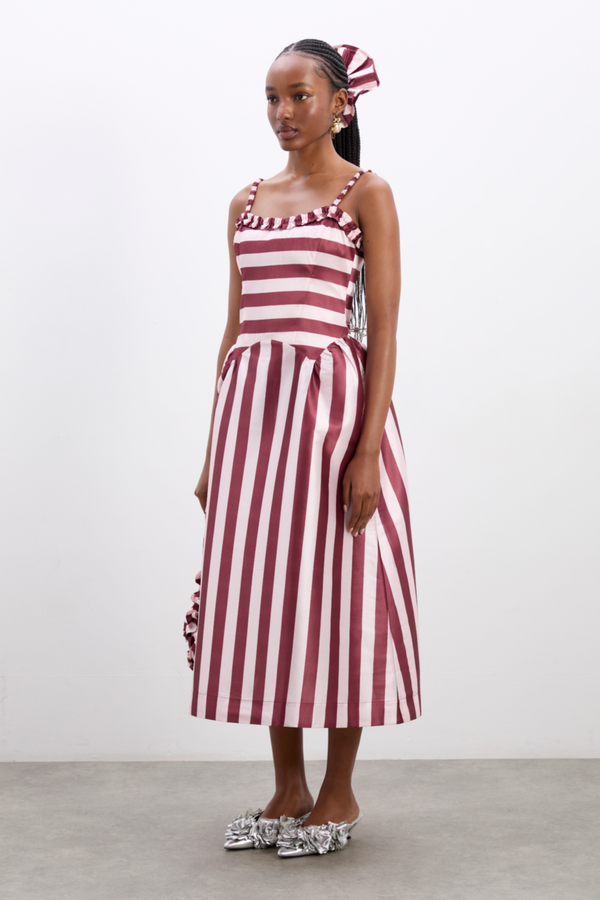 Damson Madder Rachel Ruffle Midi Dress- Pink Burg Stripe
