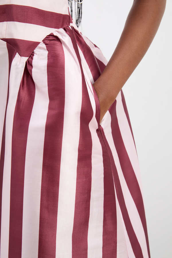 Damson Madder Rachel Ruffle Midi Dress- Pink Burg Stripe