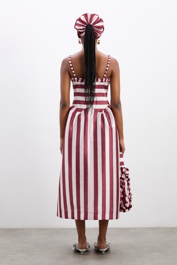 Damson Madder Rachel Ruffle Midi Dress- Pink Burg Stripe
