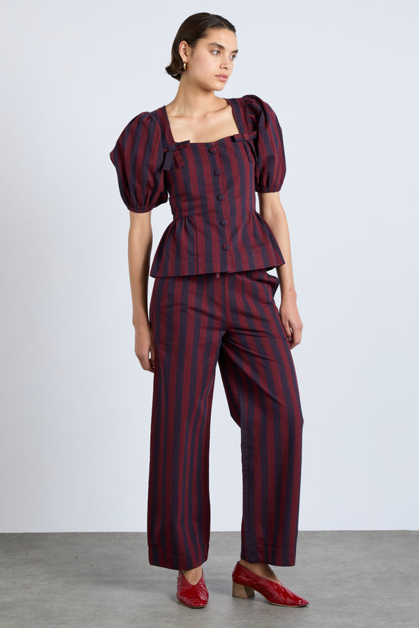 damson madder rafe trousers- navy and burgundy stripe