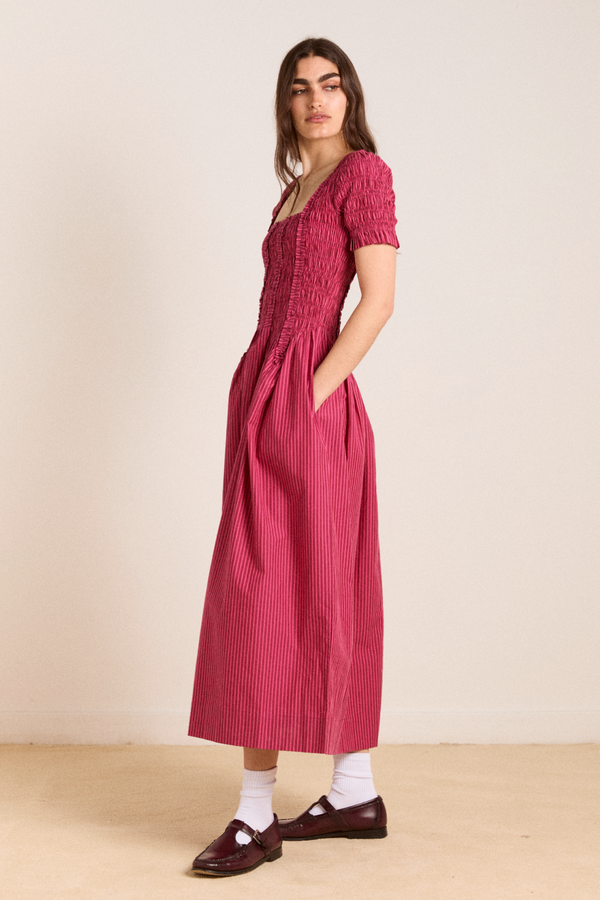 Damson Madder Raphaela Ruffle Midi Dress - Berry Business