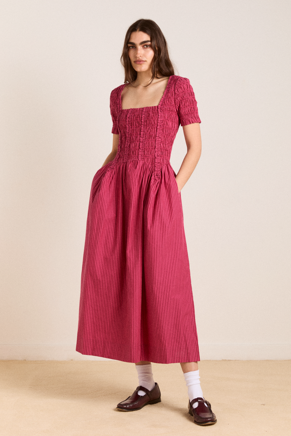 damson madder raphaela ruffle midi dress - berry business