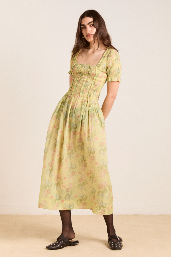 Damson Madder Raphaela Ruffle Midi Dress - Sheer Tulip Olive