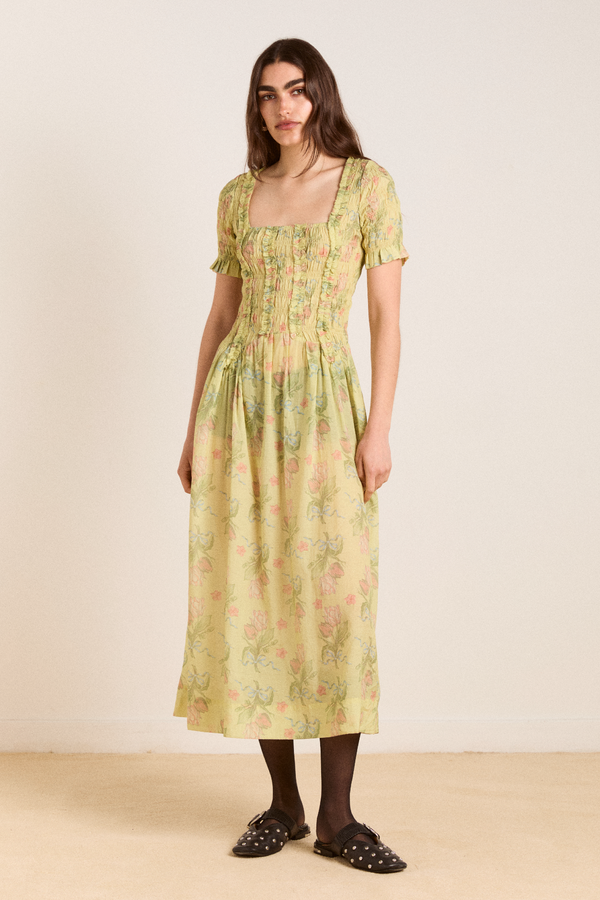 damson madder raphaela ruffle midi dress - sheer tulip olive